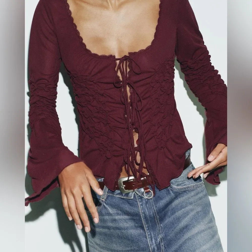 ZARA RUCHED TIE BOHO TOP